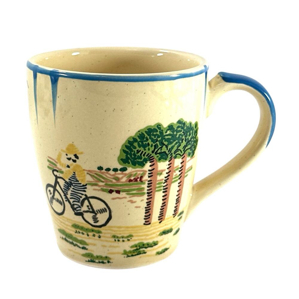 Vintage Kyuei Japan Stoneware Mug Girl on Bicycle Folk Art Coffee Cup 3.75” - Picture 3 of 9